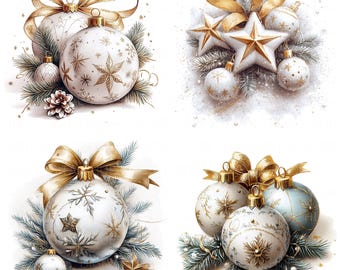 16 Christmas Bauble Clipart Watercolor Vintage Ornaments Holiday Graphics Printable High Quality JPEG For Junk Journal Paper Craft Scrapbook