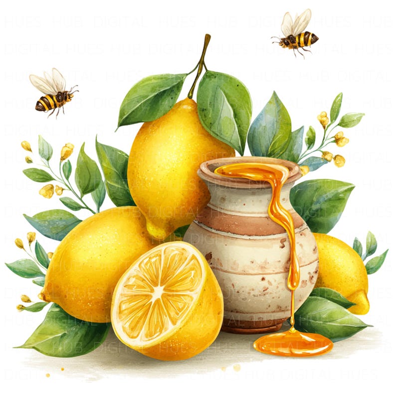 May include: Watercolor illustration of lemons, honey, leaves, and bees. Bright yellow lemons are whole and sliced, surrounded by green leaves and yellow flowers. A small, rustic pot overflows with honey, and two bees fly nearby.
