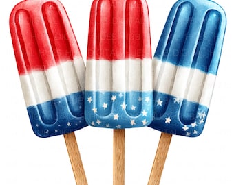 11 Patriotic Popsicles Clipart Watercolor Red White Blue Celebration Art Printable High Quality PNG Junk Journal Scrapbook Paper Craft Card
