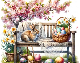 13 Easter Bench Garden Clipart Watercolor Easter Spring Printable High Quality JPEG For Junk Journal Paper Craft Scrapbook Nursery Cards DIY