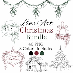 May include: A digital collection of Christmas line art illustrations featuring a snowman, a bell, a bauble with the text Merry Christmas, a gingerbread house, and a decorated tree, with the text Line Art Christmas Bundle 40 PNG 3 Colours Included.