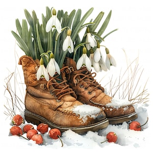10 campanillas de invierno con botas viejas, clipart, acuarela, botas nevadas con flores, imprimible, alta calidad, JPEG, para álbum de recortes, diario basura, manualidades, tarjetas, bricolaje