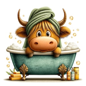 15 Baby Highland Cow In Bathtub Clipart Watercolor Baby Cow Art Farm Cow Printable High Quality JPEG Junk Journal Paper Craft Scrapbook POD