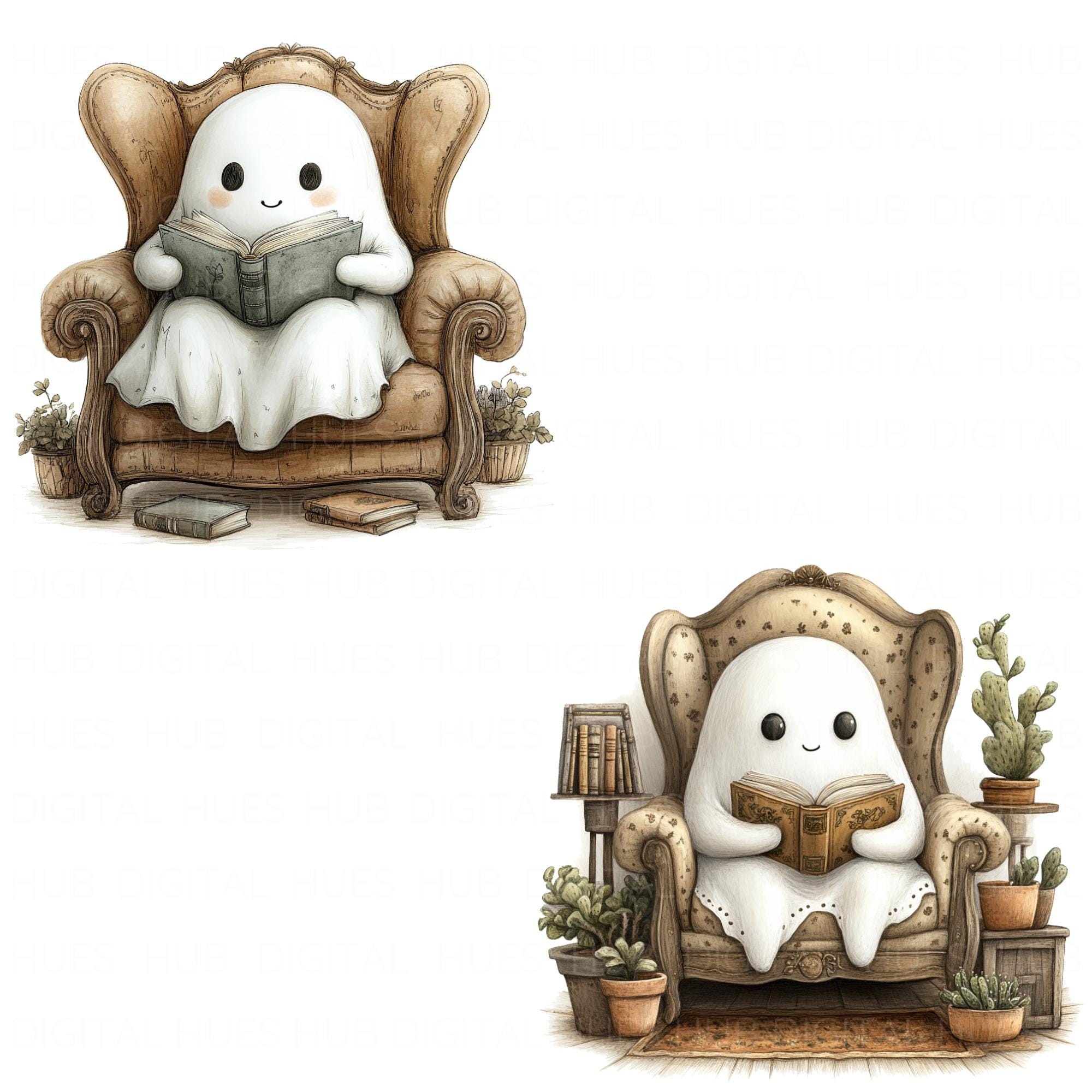 13 Cute Ghost Reading Book in Armchair Clipart Watercolor Kawaii Ghost ...