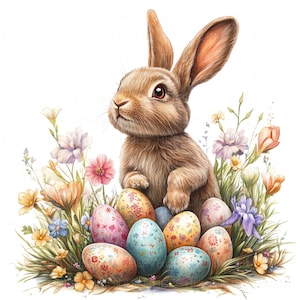 16 Lapin de Pâques marron avec des oeufs de Pâques Clipart aquarelle lapin mignon imprimable haute qualité JPEG Junk Journal Paper Craft Scrapbook Nursery