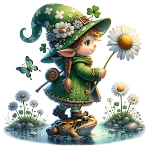 Puede incluir: Un hada vestida de verde con un sombrero verde adornado con flores y un trébol se para sobre una rana, sosteniendo una margarita blanca. Una mariposa vuela cerca.