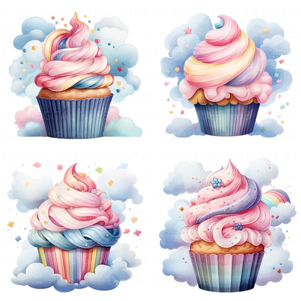 13 Rainbow Cupcake in Clouds Clipart Cupcake Clipart Bundle Printable High Quality JPEG For Junk Journals Paper Crafts Scrapbook Birthdays