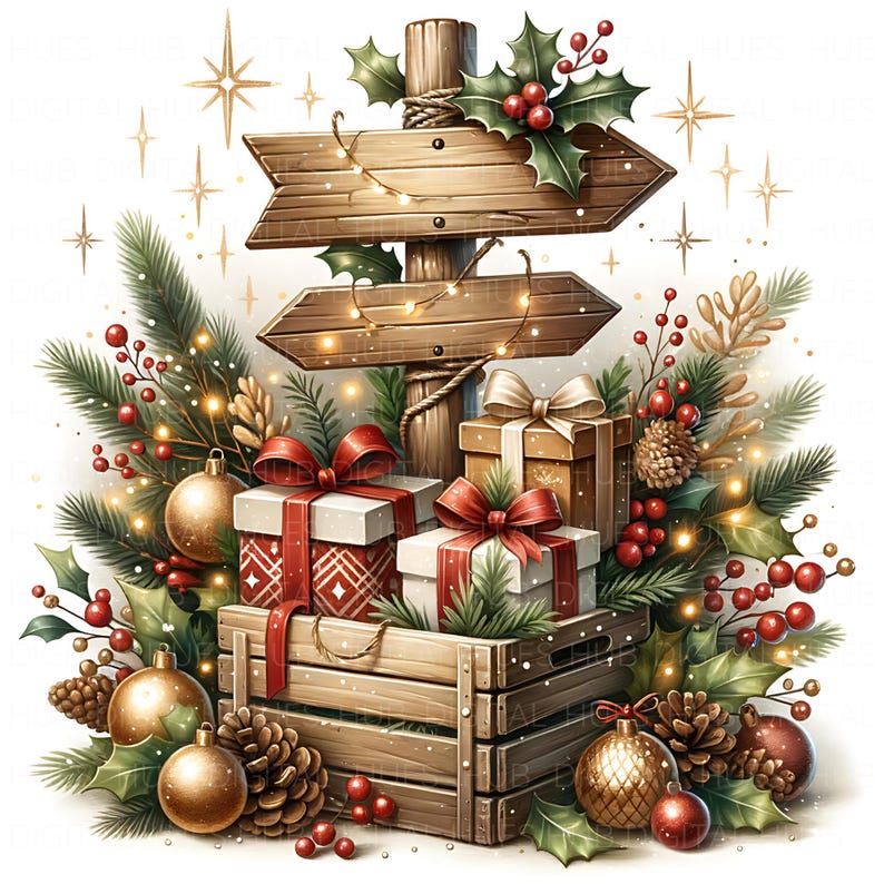 11 Christmas Signpost Clipart: Watercolor Holiday Signage JPG, Vintage ...