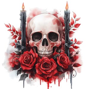 13 Halloween tête de mort bougie roses rouges Clipart aquarelle effrayant crâne humain haute qualité JPEG imprimable pour scrapbooking journal indésirable papier artisanat