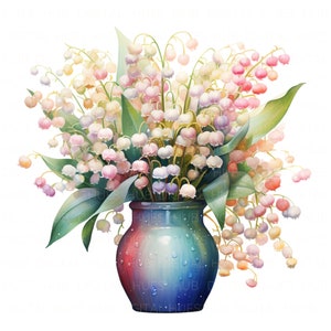 9 Clipart aquarelle en pot de muguet, imprimable haute qualité JPEG, fleur de lys Clipart pour cartes, journaux indésirables, mariage, création d'artisanat en papier, bricolage
