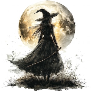 May include: A silhouette of a witch wearing a black pointed hat and dress, standing in front of a large, full moon. The moon is painted in shades of yellow and brown, with a white background.
