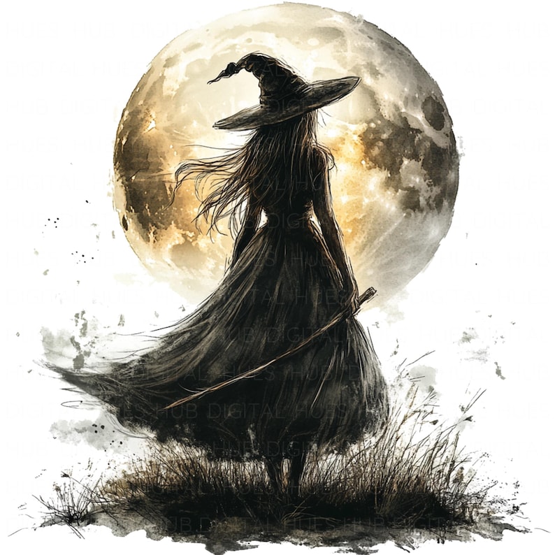 May include: A silhouette of a witch wearing a black pointed hat and dress, standing in front of a large, full moon. The moon is painted in shades of yellow and brown, with a white background.