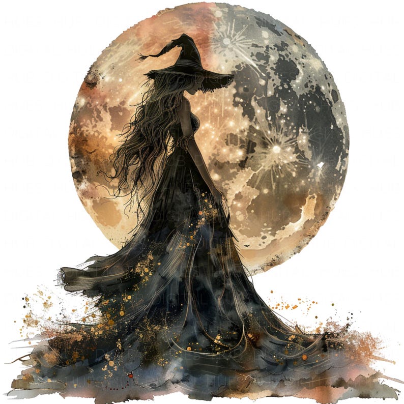 May include: A silhouette of a witch in a black dress and pointed hat stands in front of a large, full moon with a textured, golden surface. The moon is surrounded by a watercolor-like background with splashes of gold.
