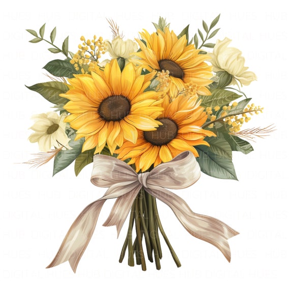 13 Sonnenblumenstrauß-Clipart-Bundle, Aquarell-Sonnenblumen, druckbare, hochwertige JPEG-Dateien für Junk Journals, Papierbastelarbeiten, Scrapbooks und Hochzeitseinladungen