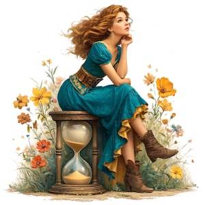 May include: A woman in a blue dress sits on a wooden stool with an hourglass. She is surrounded by yellow flowers and green foliage.
