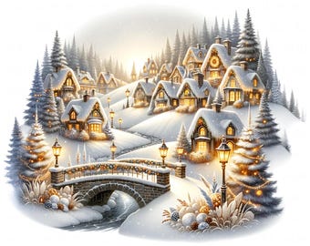 16 Weihnachtsdorf Clipart: Aquarell gemütliche Winter Illustrationen JPEG, verschneites Haus digitaler Download für Weihnachten Junk-Journal & Grußkarte