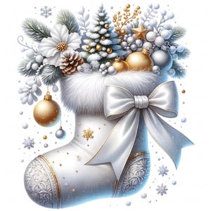 May include: A white Christmas stocking with a fluffy trim, filled with ornaments, pine cones, and a small Christmas tree. A large white bow adorns the front. Gold and silver accents and snowflakes add to the festive design.