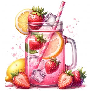 Strawberry Lemonade Clipart Watercolor Pink Lemonade Summer Fruit Drinks Printable High Quality JPEG Junk Journal Paper Craft Scrapbook Cards T-Shirt Design Print On Demand Digital Download Downloadable Art Nursery Decor Wall Art Tumbler Design Tumbler Wrap Design Clipart Pack For Stickers Junk Journals Scrapbooks POD Design Printable Art Cliparts for greeting card, marketing material, website decoration, social media post, for occasion like Mother's Day, Birthday, Baby Shower, parties.