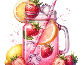 13 aardbeienlimonade clipart aquarel roze limonade zomer fruitdrankjes afdrukbare hoge kwaliteit jpeg-junk journal papier ambachtelijke plakboek