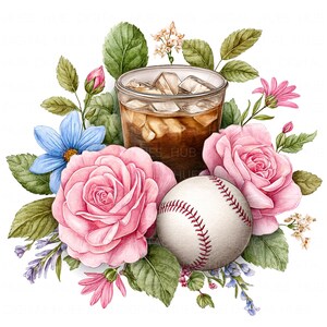 May include: Watercolor illustration featuring a baseball, a glass of iced beverage, and pink roses. The baseball is white with red stitching. The drink is in a clear glass with ice cubes. The flowers are surrounded by green leaves.