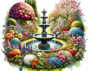 水彩画の庭の噴水のクリップアート、ロマンチックな風景（デジタル