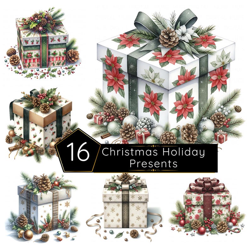 16 Christmas Gift Box Clipart: Watercolor Holiday and Birthday Presents ...