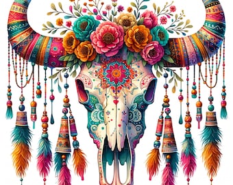 11 Colorful Boho Bull Skull Clipart Watercolor Floral Western Boho Cow Skull Printable High Quality JPEG Junk Journal Paper Craft Scrapbook