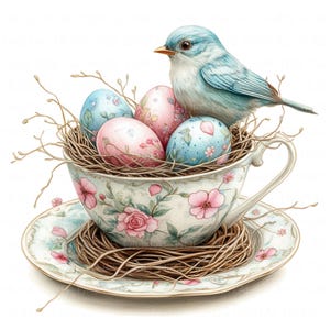 11 Nid d'oiseau dans une tasse de thé Clipart aquarelle oeufs de Pâques dans une tasse de thé Imprimable haute qualité JPEG Junk Journal Paper Craft Scrapbook Nursery Cards