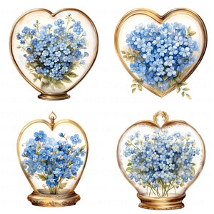 Bundle de cliparts en forme de dôme de verre de myosotis, clipart fleur imprimable JPEG haute qualité pour album de scrapbooking, artisanat en papier, image coeur