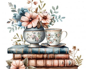 13 Book with Tea Cup Clipart Watercolor Rustic Vintage Book and Coffee Printable High Quality JPEG For Scrapbook Junk Journal Paper Craft