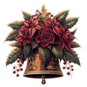12 clipart de rosas de sino de Natal floral, aquarela, gráficos de feriado para impressão em JPEG de alta qualidade para diários de lixo, artesanato em papel, cartões de scrapbook
