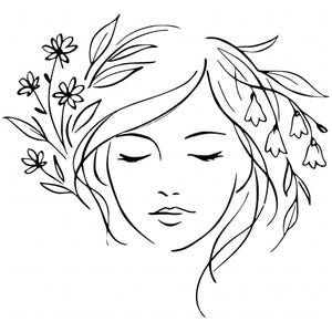 May include: A black and white line drawing of a woman's face with closed eyes, adorned with floral and leaf elements. The illustration features delicate lines, creating a serene and artistic aesthetic, suitable for wall art or design.