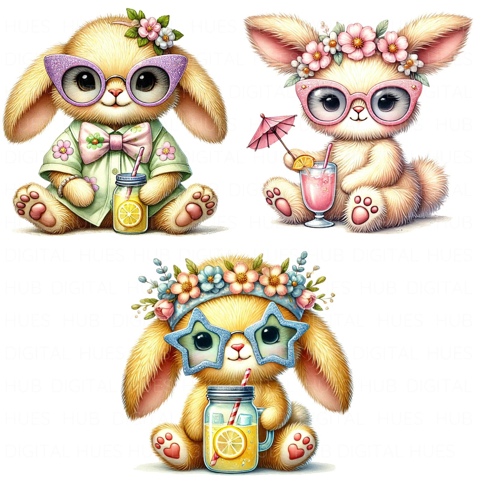 12 Cute Baby Bunny in Summer Clipart Watercolor Cartoon Bunny Nursery ...