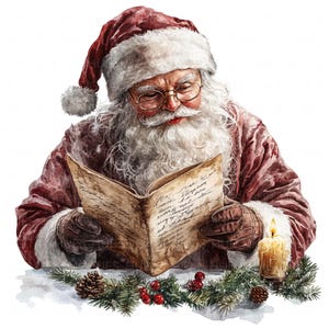 12 Santa Reading Clipart Watercolor Father Santa Holiday Graphics Printable High Quality JPEG For Junk Journal Paper Crafts Scrapbooks Cards