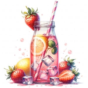 May include: A refreshing pink drink in a glass bottle with a pink and white striped straw. The drink is garnished with a lemon slice, strawberries, and ice cubes. The image is set against a white background.