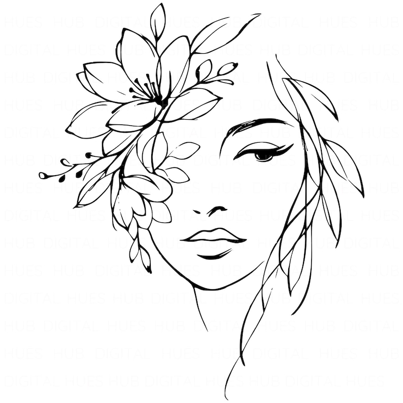 May include: A black and white line drawing of a woman's face, adorned with floral and leaf elements. The illustration features a side profile with closed eyes and a delicate floral arrangement partially covering the face, creating an artistic and elegant design.