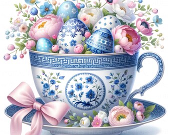12 Chinoiserie påsk tekopp Clipart: Akvarell Cottagecore Grandmillennial JPEG, digital nedladdning för skräpjournal, barnrumsdekor, kort
