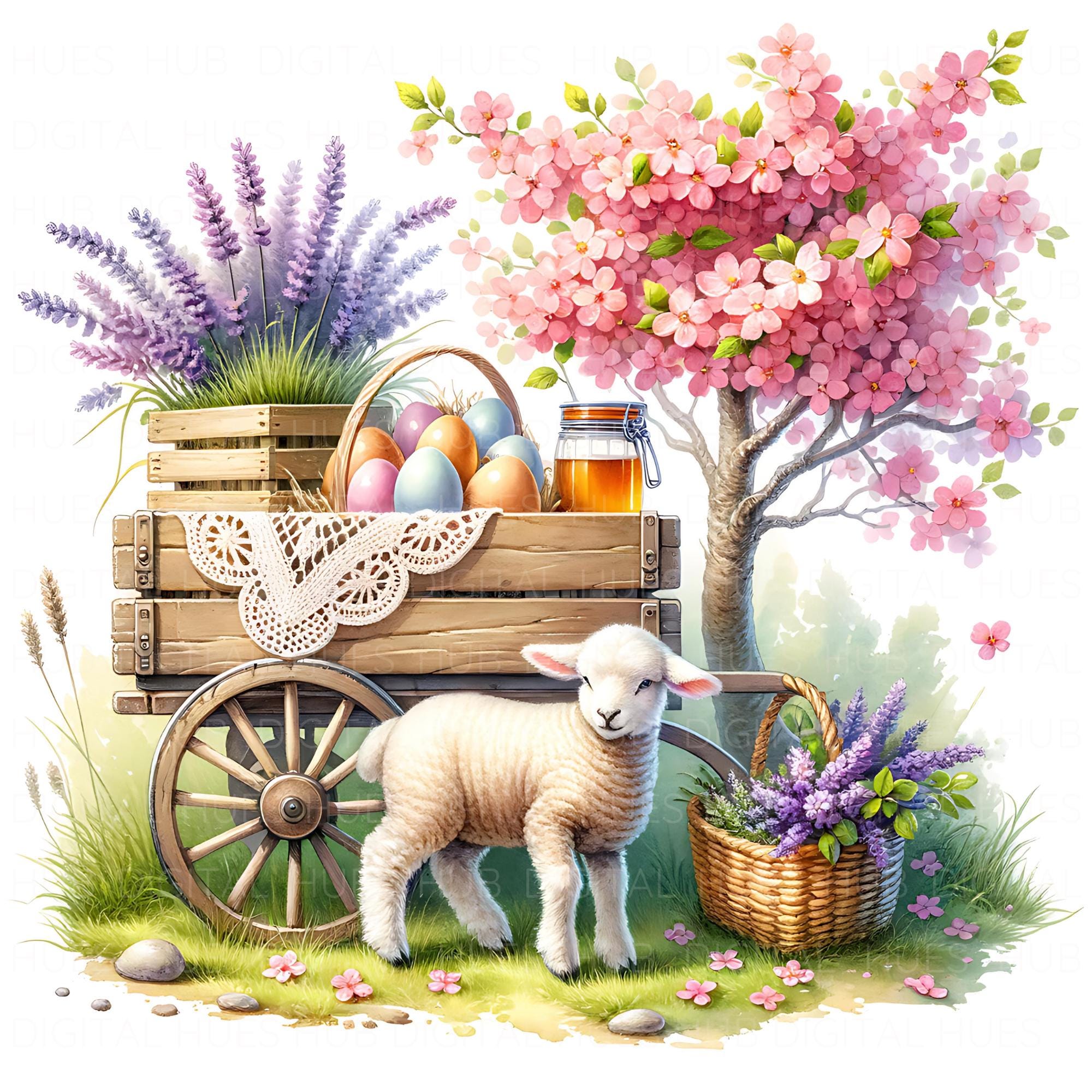 11 Easter Cart in Garden Clipart Watercolor Easter Spring Printable ...