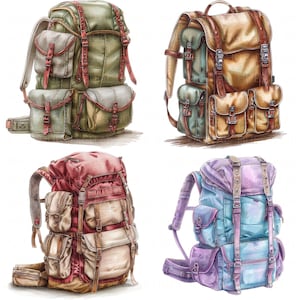 May include: Four different styles of vintage backpacks in various colors, including green, brown, red, and purple. Each backpack has multiple pockets and adjustable straps.