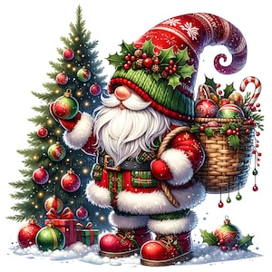 10 Christmas Tree Gnome Clipart: Watercolor Cute Santa with Tree Ornaments JPEG Digital Download For Junk Journal, Scrapbooking, Card Making