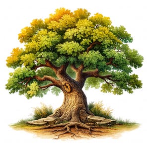 May include: A large, green, leafy tree with a thick, brown trunk and roots. The tree is growing in a grassy area with rocks around the base.