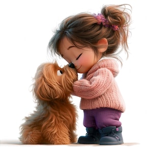 19 Girl With Pet Dog Clipart Quirky Girl Cartoon Kid Friendship Art Printable High Quality JPG Junk Journal Paper Craft Scrapbook Nursery
