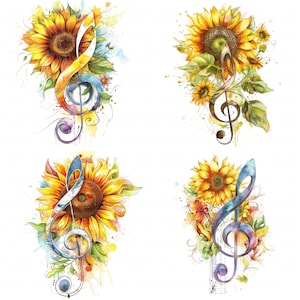 May include: Four watercolor illustrations of sunflowers with a colorful treble clef in the center of each flower. The sunflowers are yellow with brown centers and green leaves. The treble clefs are painted in shades of blue, purple, and green.