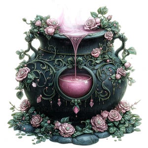 May include: A dark green cauldron with ornate details and pink roses growing around it. A pink liquid pours from the cauldron into a smaller bowl.