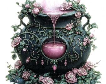 12 Floral Potion Cauldron Clipart Watercolor Pink Potion Witch Pot High Quality JPEG Printable For Scrapbook Junk Journals Paper Crafts DIYs