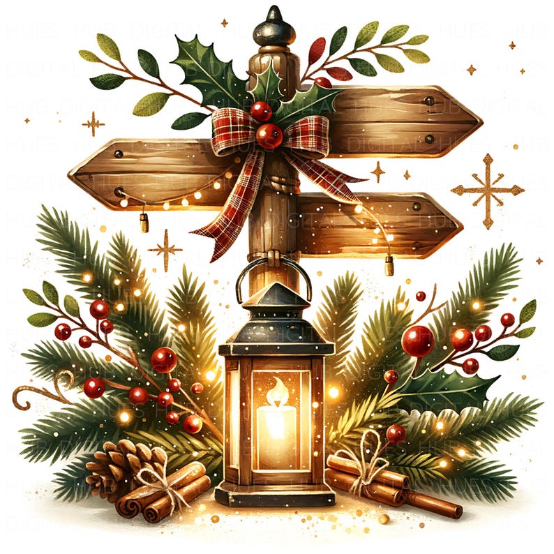 11 Christmas Signpost Clipart: Watercolor Holiday Signage JPG, Vintage ...
