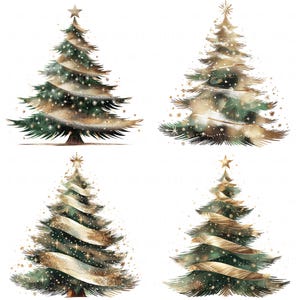 13 Clipart di alberi di Natale verde-oro, grafica ad acquerello, stampabile, in formato JPEG di alta qualità, per diari, scrapbooking e lavori di carta.