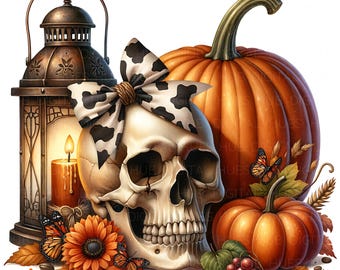 14 Skull Cowboy Pumpkin Clipart: Watercolor Rustic Autumn Cow Print Bow, Western Halloween Fall JPG Digital Download For Junk Journal, Craft