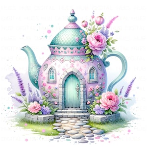 10 Clipart maison de théière féerique fantastique aquarelle maison tasse de thé magique imprimable JPEG haute qualité papier artisanat Journal Scrapbook Art pour chambre d'enfant