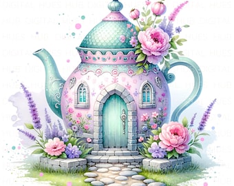 May include: A whimsical teapot shaped like a house with a teal roof, pink walls, and a small green door. The teapot is decorated with floral details and surrounded by lavender and pink flowers.